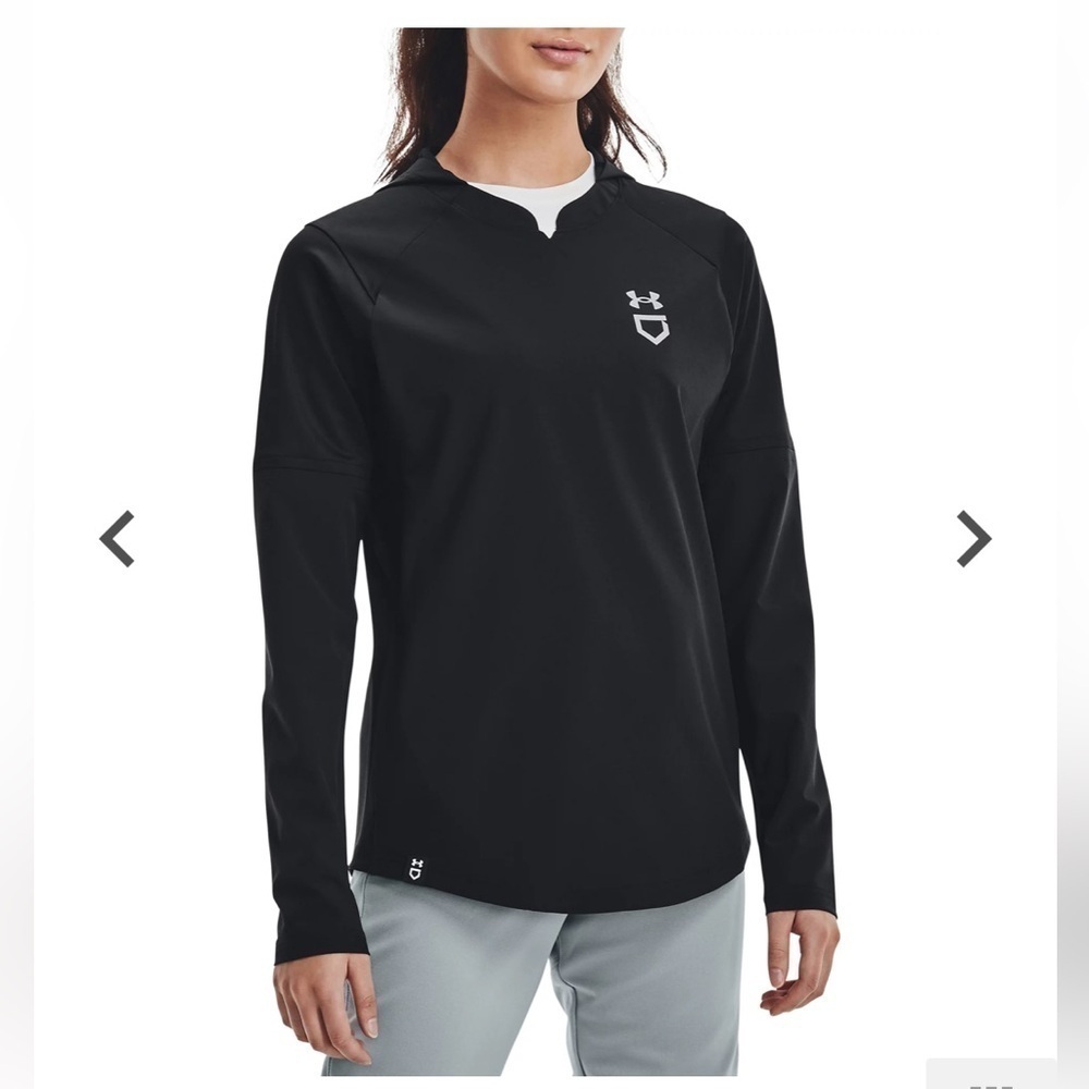 Under Armour-L-black-softball cage jacket-hooded,loose fit,dual-layer cold gear.